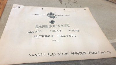 VANDEN PLAS 3 LITRE PRINCESS Mk 1 & 2 - SU CARBY BMC Australian Parts List