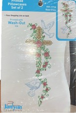 Janlynn Stamped Embroidery Kit Pillowcases Rose Cross Dove Religious 2pc