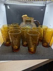 Vintage Anchor Hocking Lido Milano Amber Glass Pitcher & 10 Tumblers Set