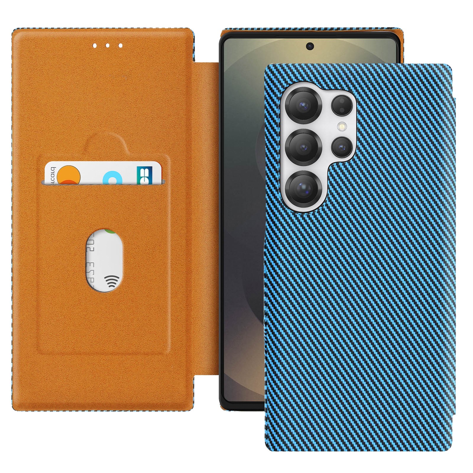 Coque fibre de carbone S25 Ultra Avizar bleue avec blindage pour cartes de crédit