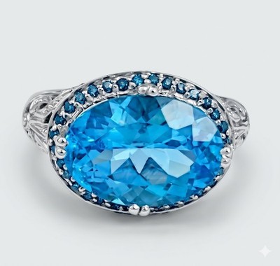 Meda 14k White Gold Blue Topaz With Blue Diamonds Cocktail Ring Size 7