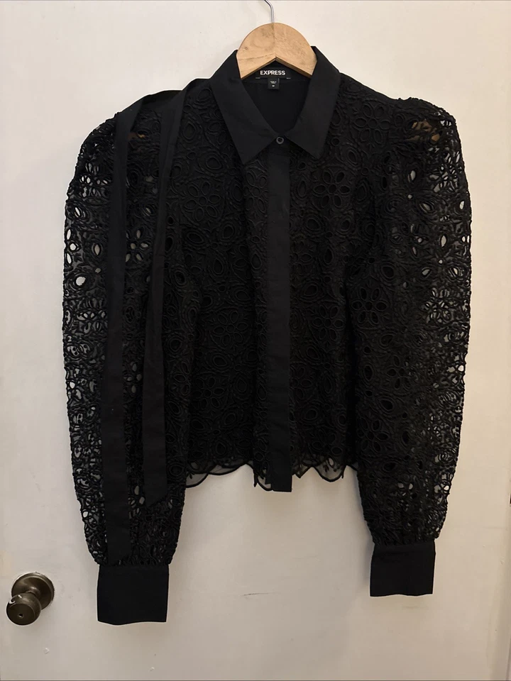 Blusa Top Express Para Mujer de Encaje Manga Abullonada en Negro Talla M Nueva Sin Etiquetas Foto 2 de 4