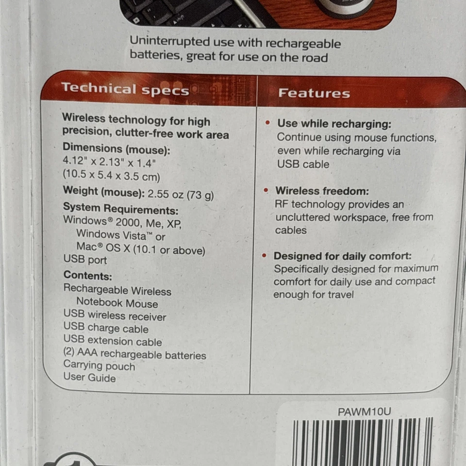 Targus Rechargeable Wireless Notebook Mouse PC/Mac PAWM10U Computer NEW In Pack - Image 3 of 4