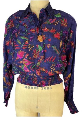 Neiman Marcus Vintage Silk Purple Floral Smock Waist/cuff Dolman Sl Blouse 8