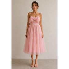 AURA Tulle Bow Midi Dress Womens Small Pink Sweetheart Balletcore Coquette