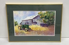 Rural Americana Tractor and Barn Watercolor by Nancy Keyser Signed Matted Framed
