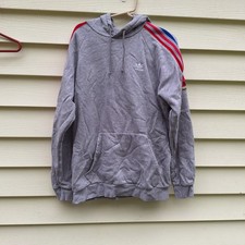 Adidas Hoodie Mens M Gray Sweatshirt Rainbow 3D Trefoil Embroidered Logo Vtg Y2K