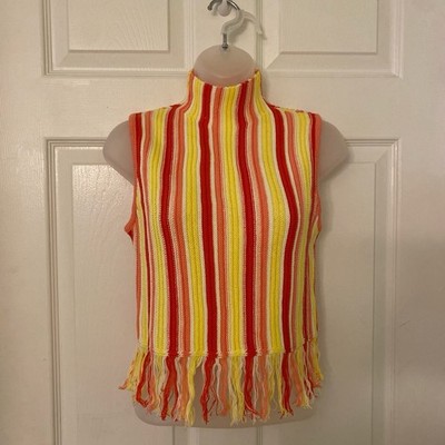 Love Fate Destiny Yellow Red Striped Knit Fringe Mock Neck Sleeveless Tank Top M