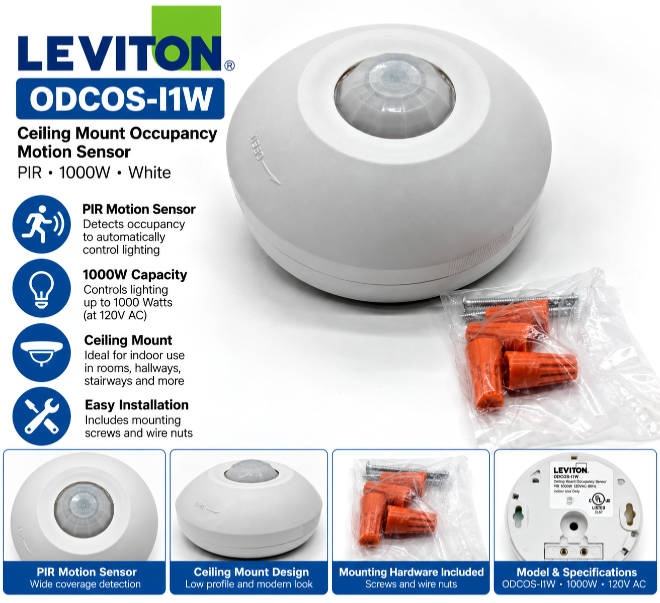White Loading Image Leviton ODCOS-I1W Ceiling Mount Occupancy Motion Sensor PIR 1000W White ...