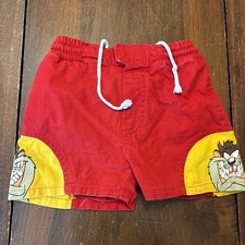 Vintage Looney Tunes Shorts Swim Trunks Kids Size 3 Red 90s Taz Tasmanian Devil