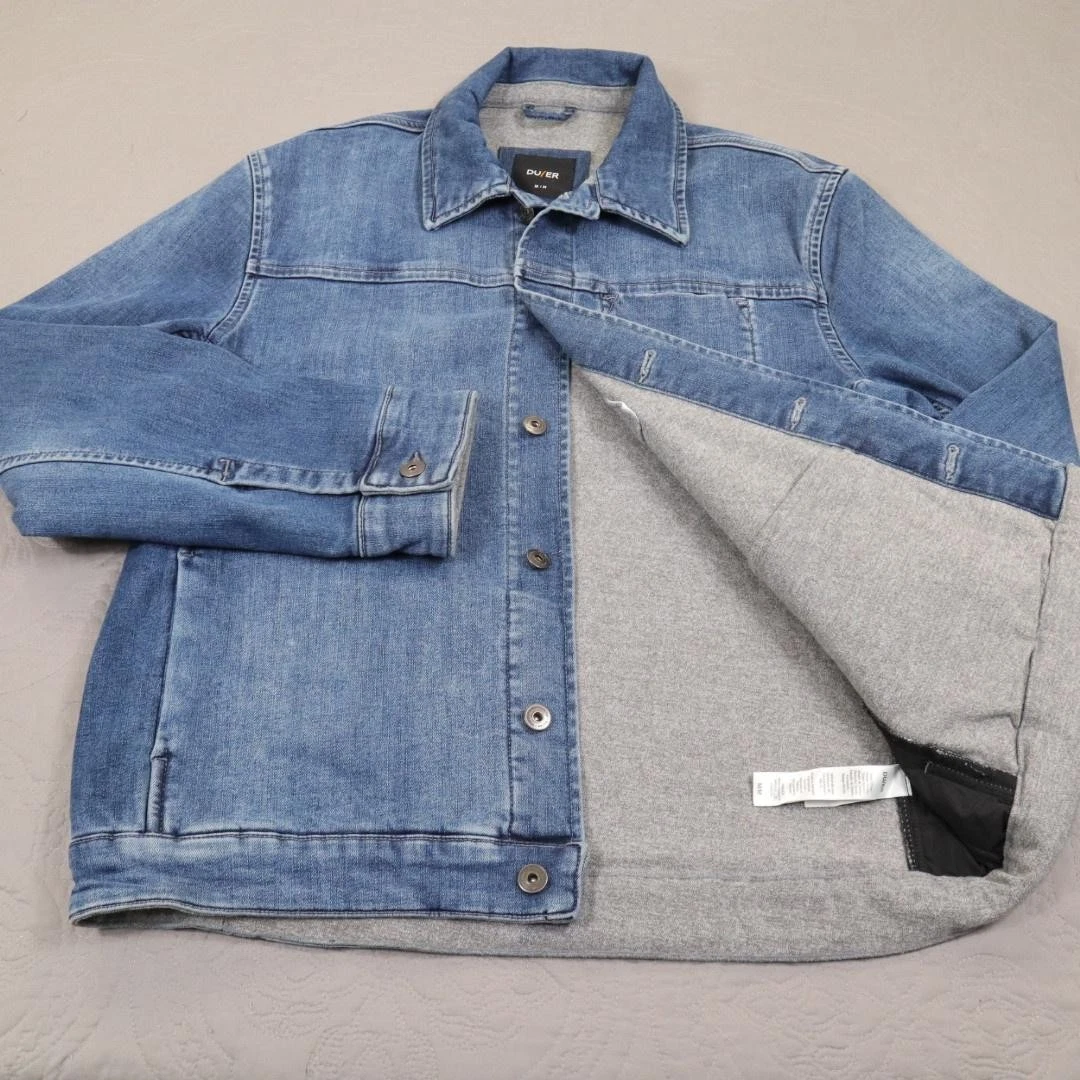 DU/ER Denim Jacket Mens Medium Blue Lined Button Bomber Stretch Casual Coat