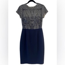 David Meister Silver Metallic Beaded Short Sleeve Navy Cocktail Dress Size 2