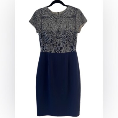 David Meister Silver Metallic Beaded Short Sleeve Navy Cocktail Dress Size 2