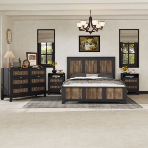 4pcs Bedroom Sets, Queen Size Wooden Strip Platform Bed, Nightstand and Dresser