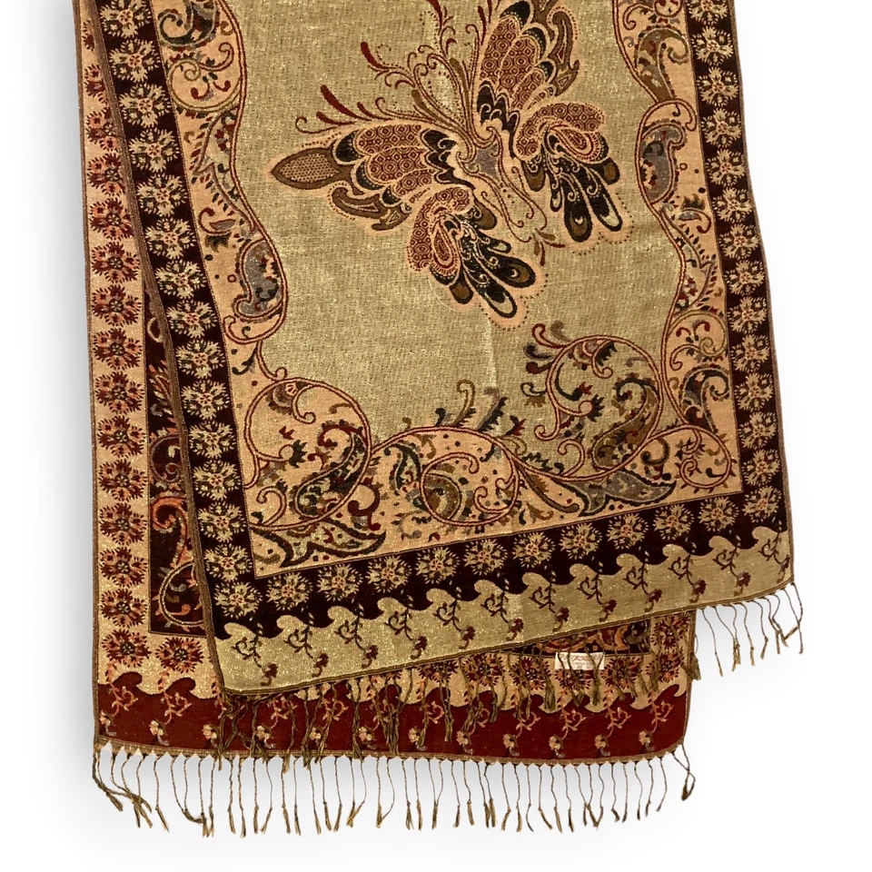 Indian Pashmina Shawl Wrap Scarf Floral Butterfly Gold Red Boho 74"x 27" NOTE* - Image 2 of 4
