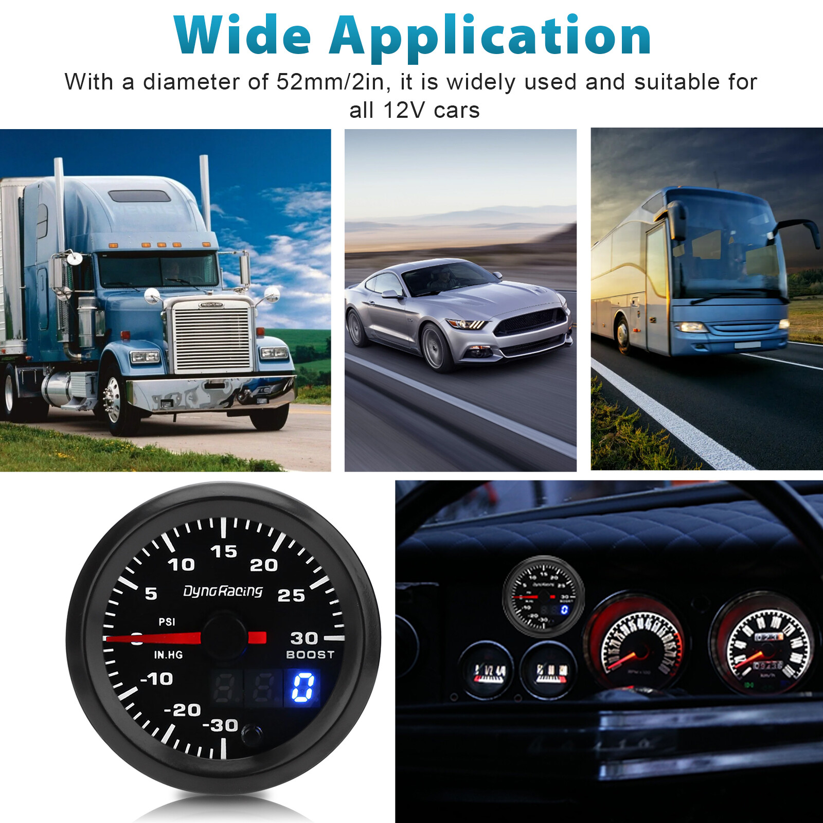 2" 52mm Digital & Pointer 7 Color LED Car Turbo Boost Meter Psi Pressure Gauge