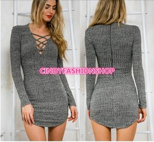 Women Sexy V-Neck Casual Long Sleeve Elasticity Cotton Bodycon Bandage Dress