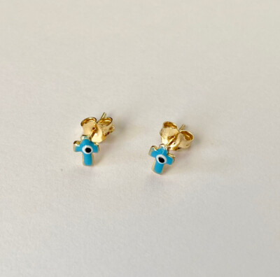 Evil Eye 14k Yellow Gold solid Earrings cross 5.6mm from Greece ''mataki'' blue