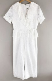 NWT Anthropologie Eri + Ali White Ruffled Eyelet Floral Jumpsuit Size M!!