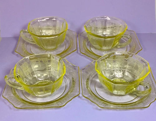 Anchor Hocking Princess Topaz Yellow Glass Tea Cup & Saucer lot of 4