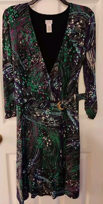 Cache Faux Wrap Dress  Stretch Self Belt Design Plunging V Neck Size M