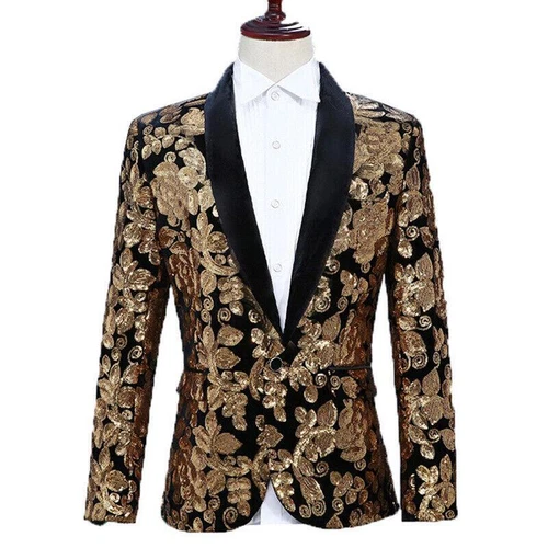 Men Sequin Shawl Lapel Suit Jacket Velvet Floral Blazer Wedding Prom Coat Tops - Picture 8 of 21
