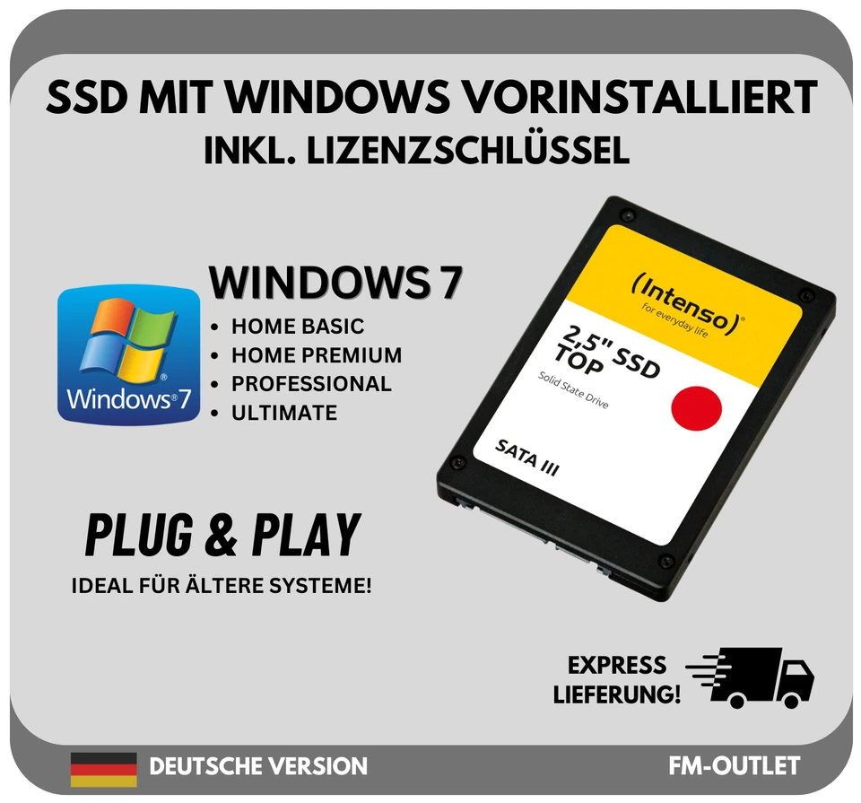 INTENSO SSD Festplatte mit vorinstallierten Windows 7 HOME PRO ULTIMATE PC Laptop