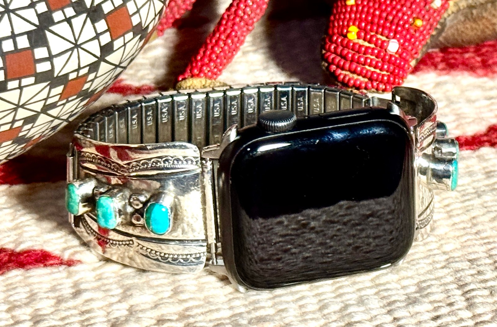 Willie Long Navajo Sterling Turquoise Apple Watch Band 42- 46 mm Native American