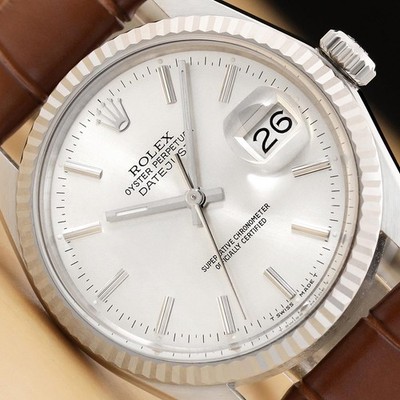 ROLEX MENS DATEJUST 16014 18K GOLD STEEL SILVER DIAL BROWN LEATHER