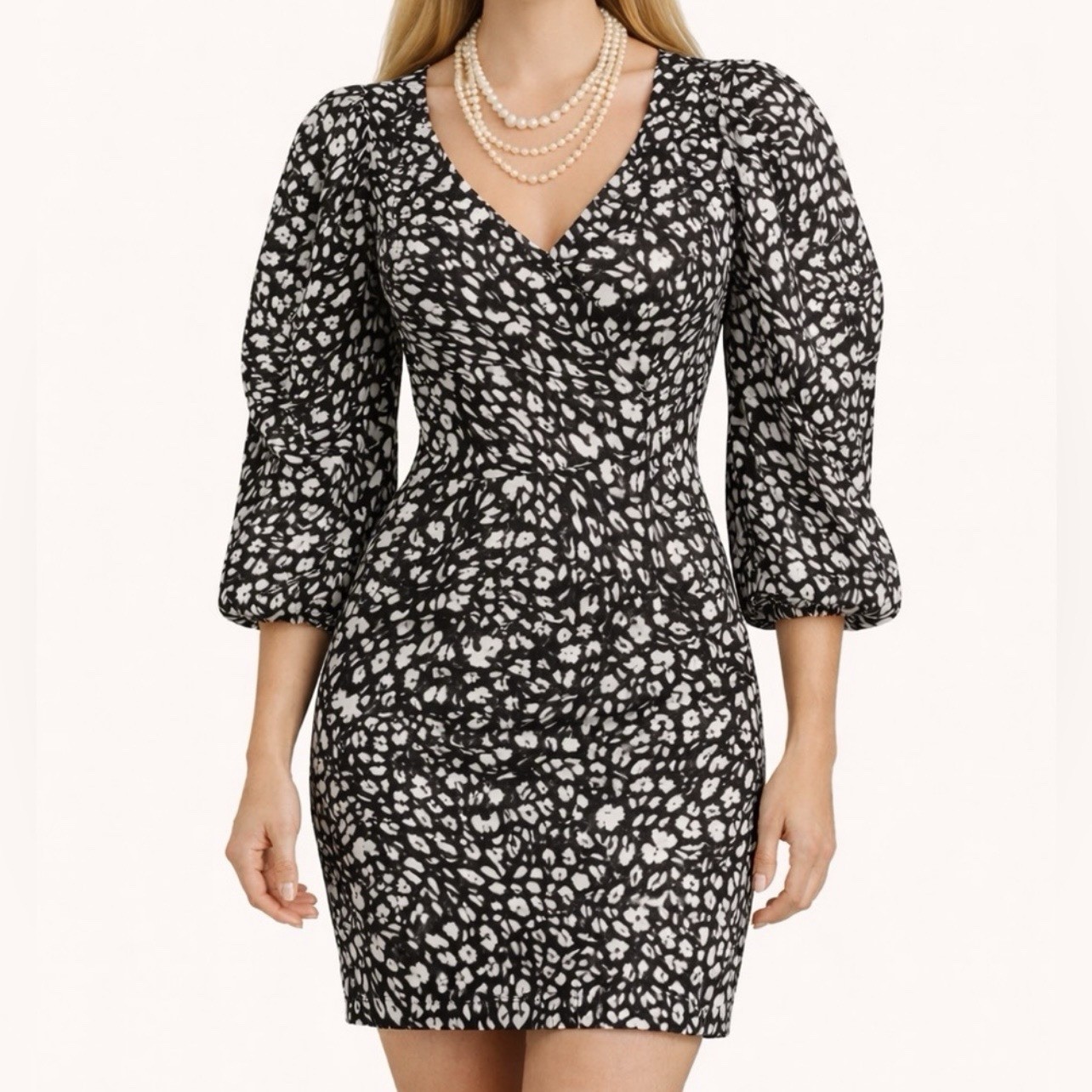 Zara Black White Abstract Print Puff Sleeve Ruched Mini Dress M NWT