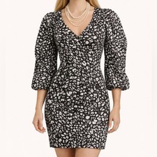 Zara Black White Abstract Print Puff Sleeve Ruched Mini Dress M NWT