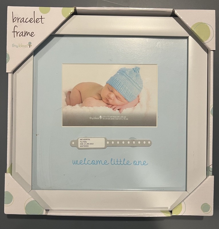 Tiny Ideas Baby Hospital ID Bracelet Photo Frame, Newborn Keepsake Blue 12 x 12