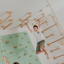Kids Monkey Bars Kit Indoor Wood Climbing Wall Ceiling Mount Play Gym Set 6pc