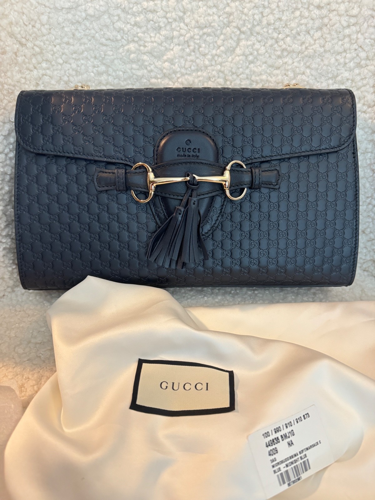Gucci Emily Guccissima GG Logo Midnight  Blue Leather Shoulder Bag New