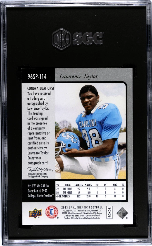 2013 Upper Deck SP Authentic Lawrence Taylor #96SP-114 '96 AUTO  SGC 8.5 POP 1 - Image 2 of 2