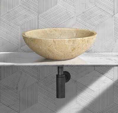 Gold Yellow Beige natural marble bathroom vessel sink, polished surface, natural