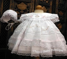 NWT Will'beth White Fancy Lace Dress 3p Set Preemie Bonnet Bloomers Baby Girl 00