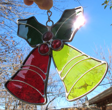 VINTAGE Leaded STAINED GLASS BELLS HOLLY CHRISTMAS Suncatcher Ornament 5.25"W C4