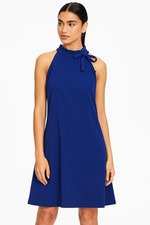 Women’s Cobalt Blue Cotton Halter Tie-Neck Dress Large -Pockets A-Line Date N 💙