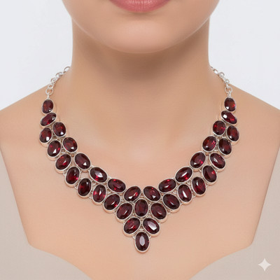925 Sterling Silver Red Garnet Gemstone Handmade Jewelry Necklace Size-18''