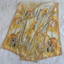 Vintage Vera Japanese Silk Scarf Hand Rolled Yellow House Women's 21.5" x 14"