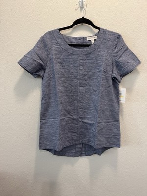 Ellen Tracy Top Womens Sz Medium, Navy On Navy Linen Top With Button Down Back