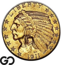 1911-S Gold Half Eagle, $5 Gold Indian, Scarce, Tough Date, BU++