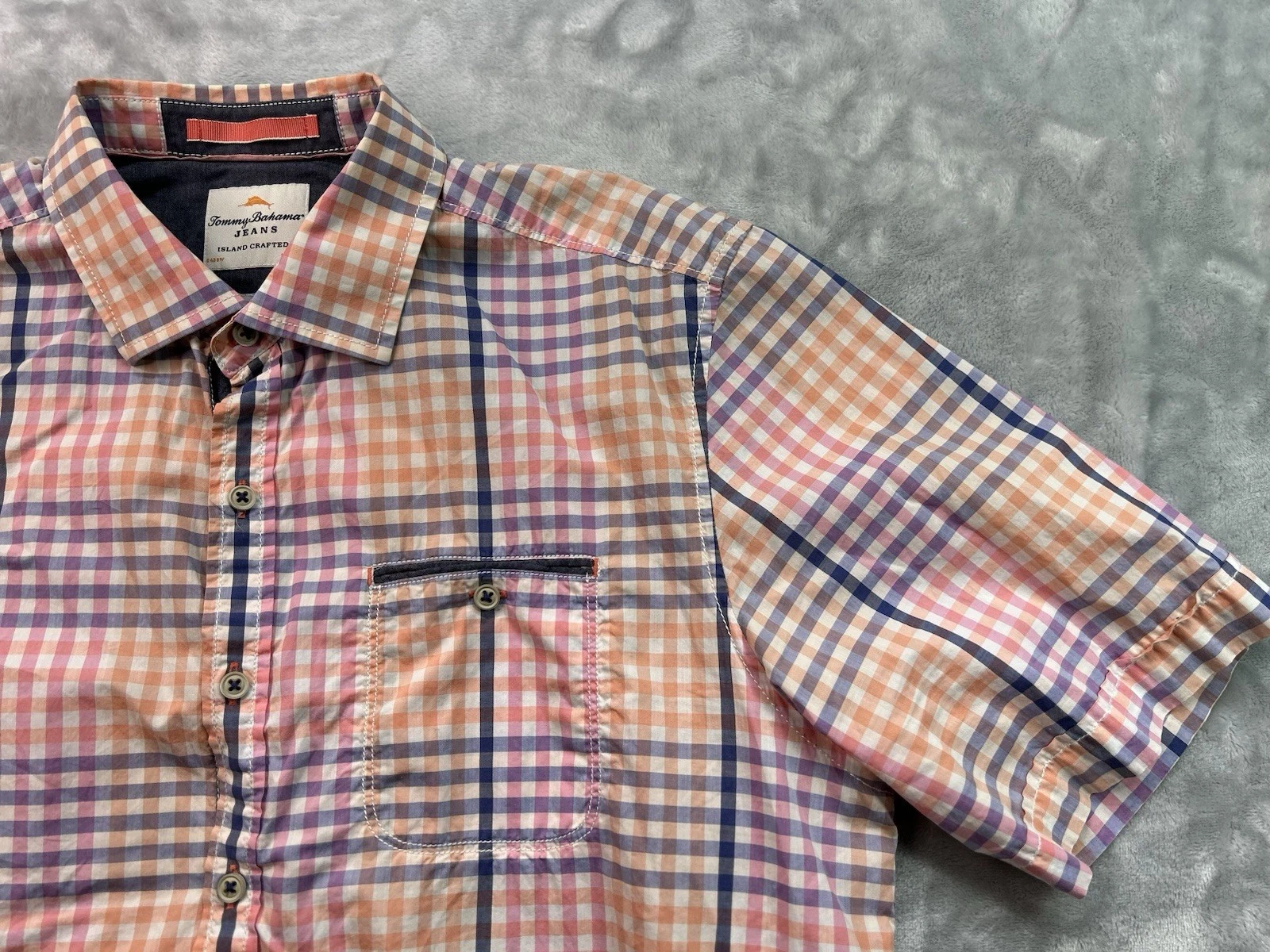 Tommy Bahama Shirt Men Large Pink Purple Plaid Short Sleeve Button Up Island Y2k