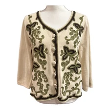 Vintage J Jill  Sweater LP Angora Wool Applique Scroll Cardigan Cottagecore