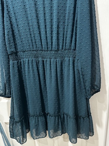 Women’s M/18 Teal Dot Chiffon Dress Long Sleeve Ruffle Hem Boho Vintage Look - Picture 2 of 14