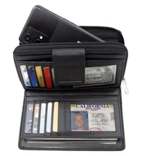 RFID Blocking Leather Clutch Wallet Zip Checkbook Cover Card Unisex
