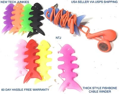NEW TECH JUNKIES Fish Bone Cable Winder lot Headphone Earphone Cord for iphone 6 5 4s ipod 7 mp3