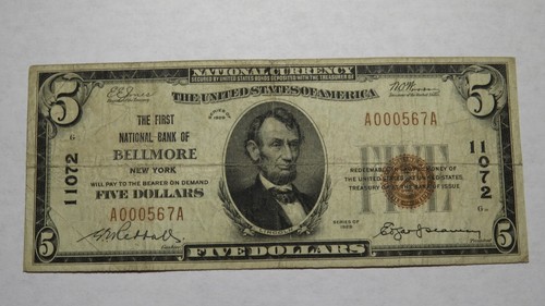 5 $ 1929 Bellmore New York NY National Currency Banknote Geldschein! Ch. #11072 GUT!
