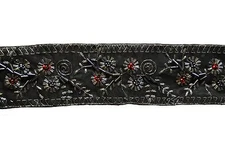 Unotrim 2" Antique Silver Embroidered Red Glass Beads Black Lace Trim by Yard